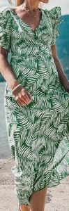 Green Palm Ruffled Wrap Dress